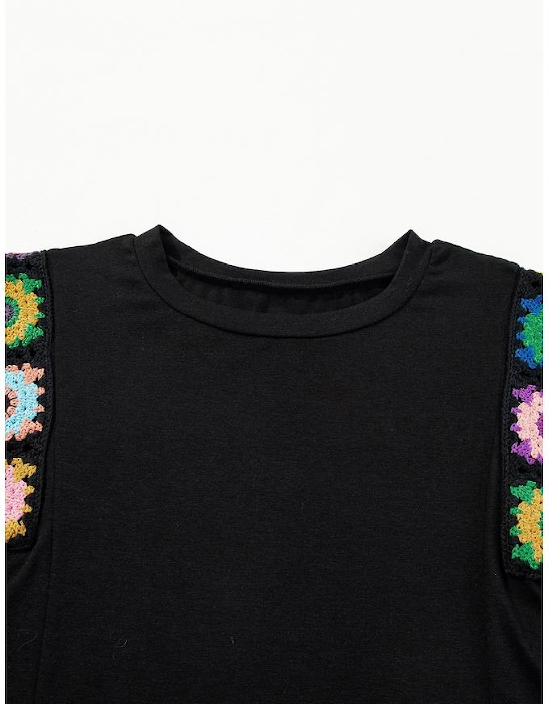 Black Floral Crochet Patched Sleeve Crew Neck Casual Tank Top