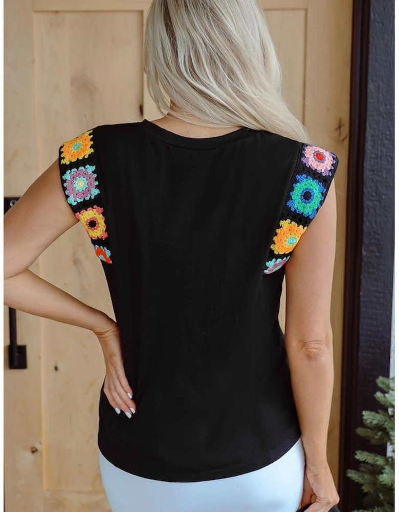 Black Floral Crochet Patched Sleeve Crew Neck Casual Tank Top