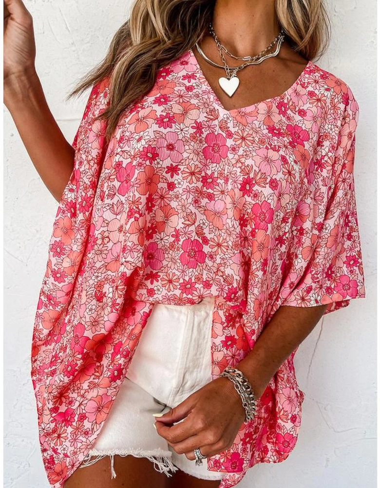Pink Boho Floral V Neck Kimono Style Blouse