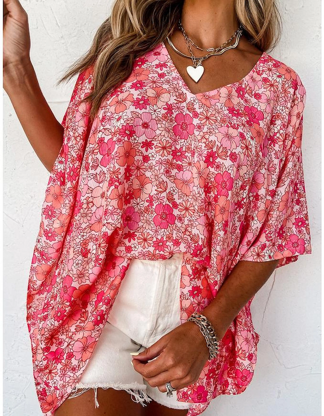 Pink Boho Floral V Neck Kimono Style Blouse