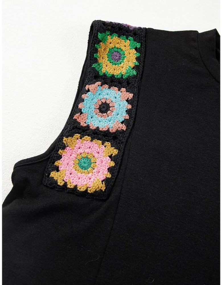 Black Floral Crochet Patched Sleeve Crew Neck Casual Tank Top