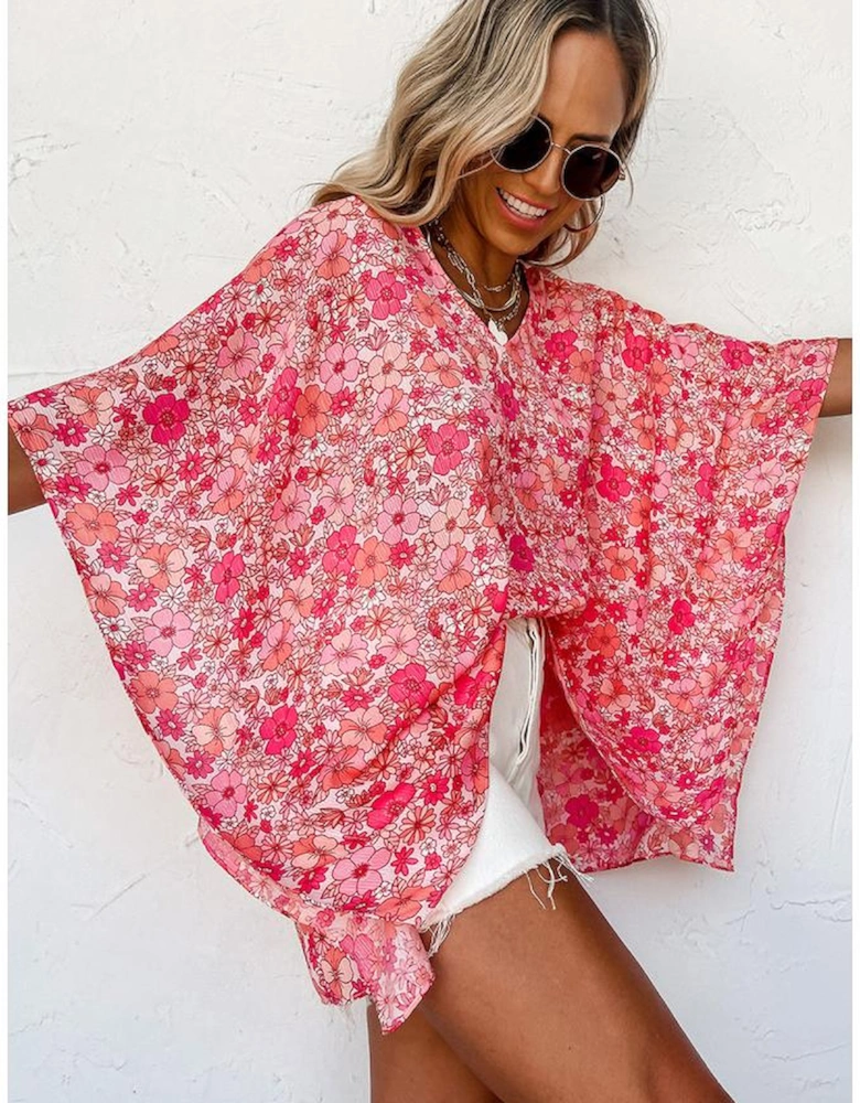 Pink Boho Floral V Neck Kimono Style Blouse