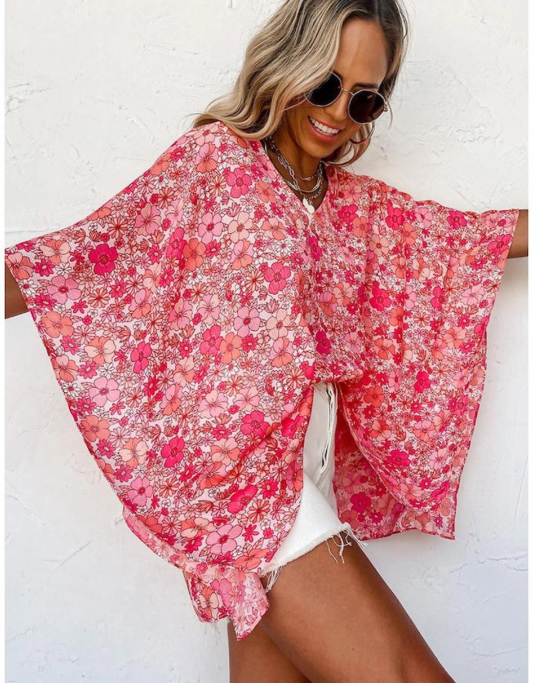 Pink Boho Floral V Neck Kimono Style Blouse