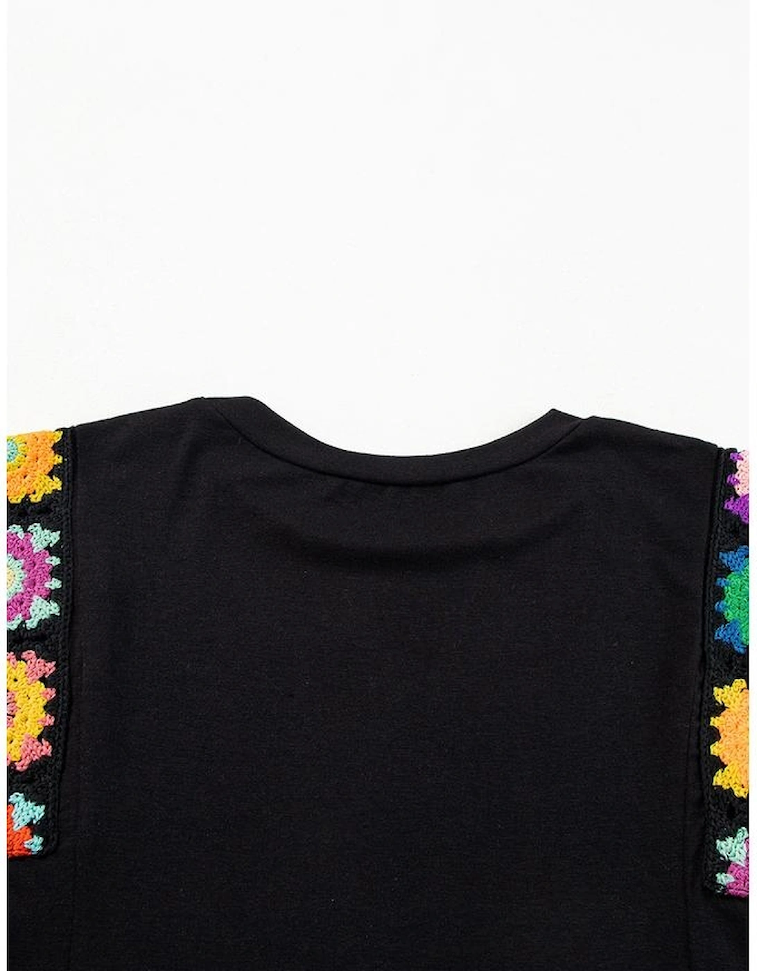 Black Floral Crochet Patched Sleeve Crew Neck Casual Tank Top