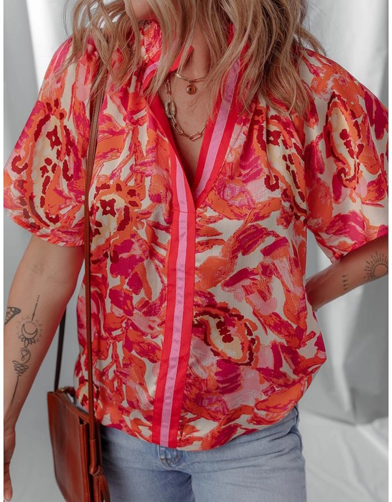 Rose Abstract Print Striped Trim Split Neck Blouse