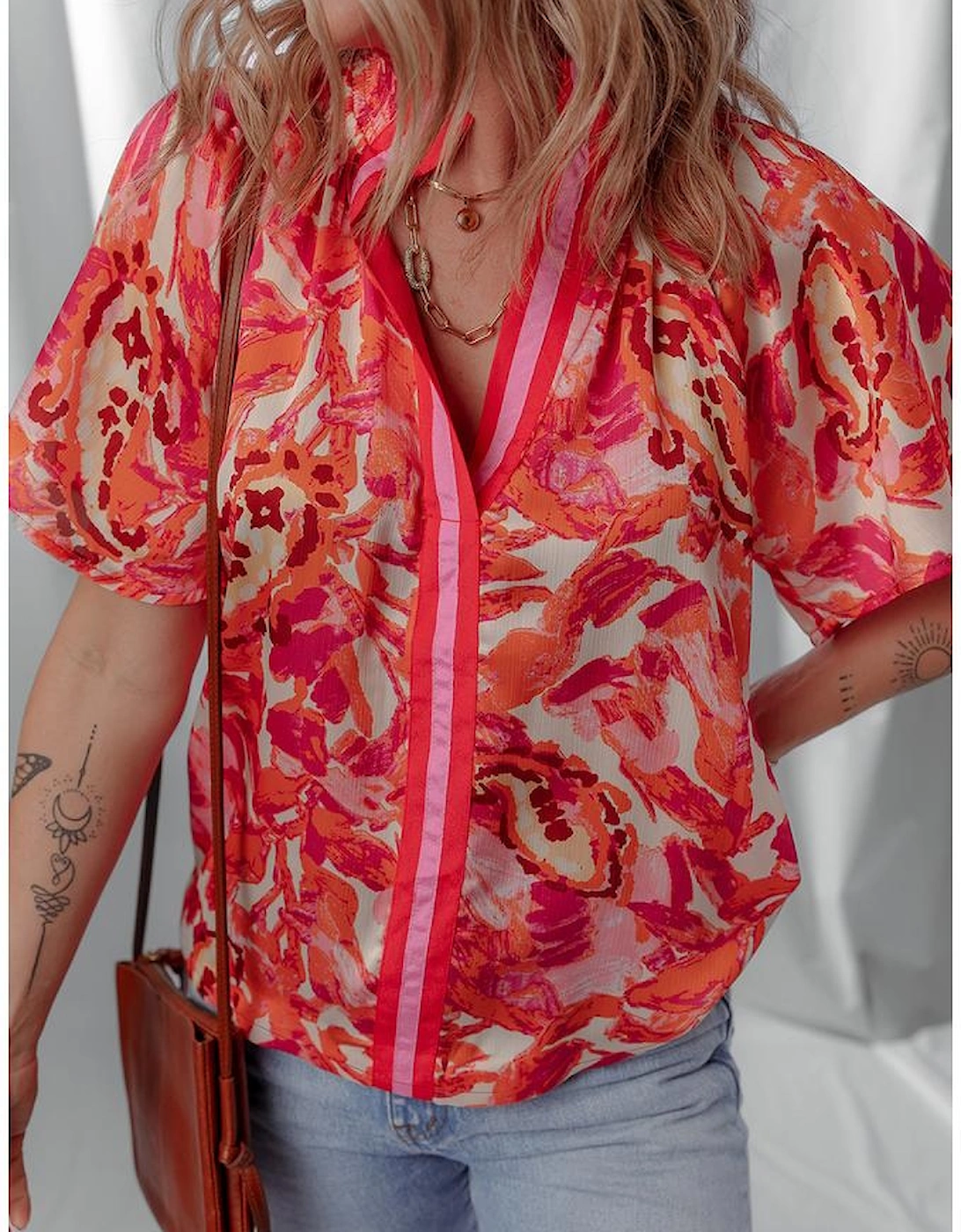 Rose Abstract Print Striped Trim Split Neck Blouse