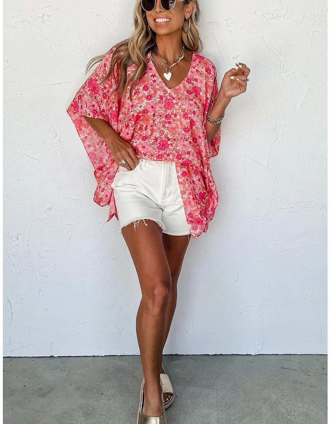 Pink Boho Floral V Neck Kimono Style Blouse