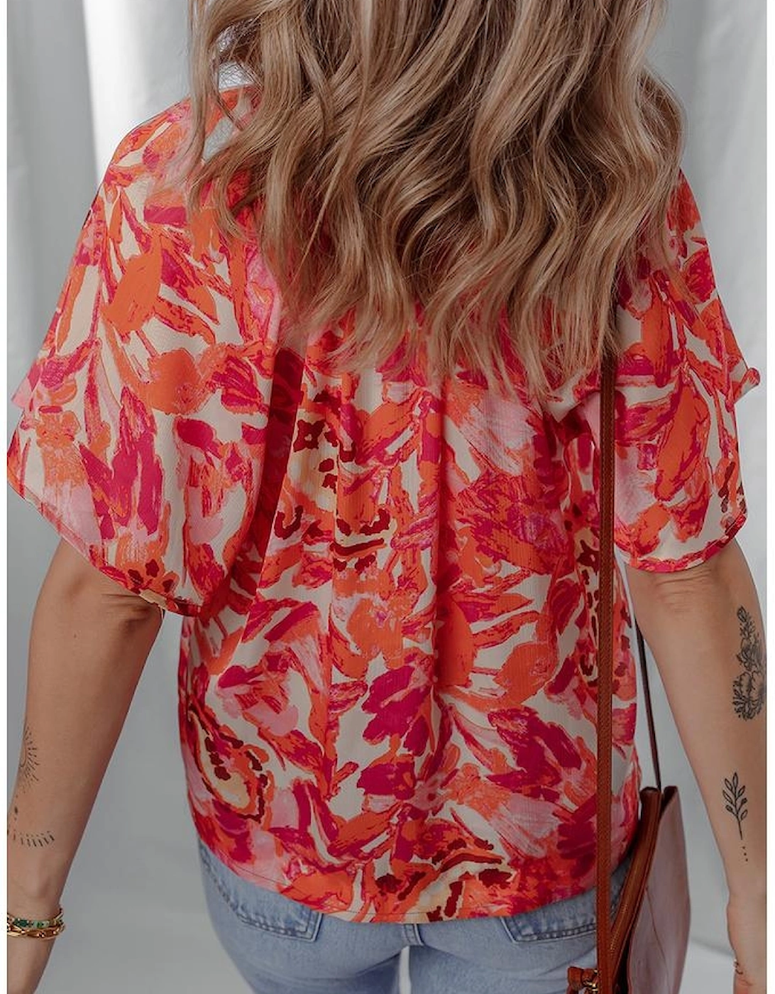 Rose Abstract Print Striped Trim Split Neck Blouse, 9 of 8