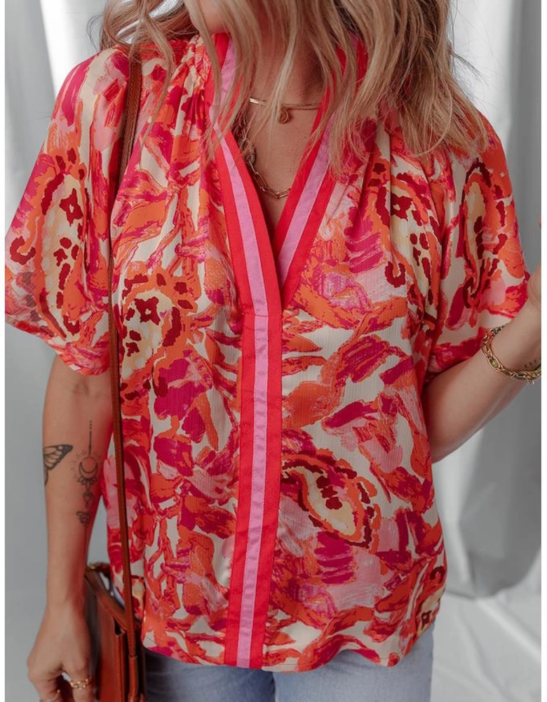 Rose Abstract Print Striped Trim Split Neck Blouse