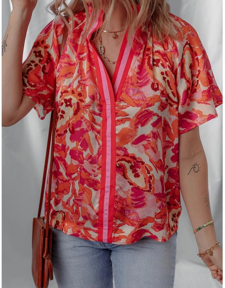 Rose Abstract Print Striped Trim Split Neck Blouse