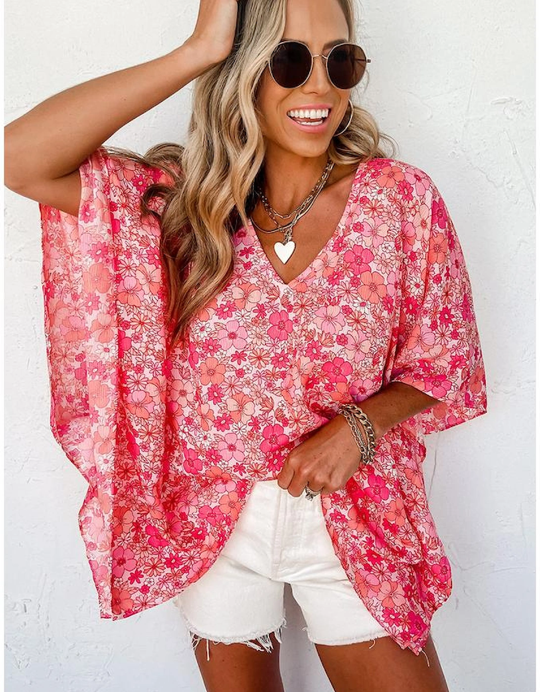 Pink Boho Floral V Neck Kimono Style Blouse, 6 of 5