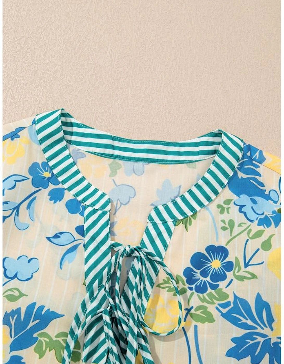 Blue Floral Striped Trim Puff Short Sleeve Dress