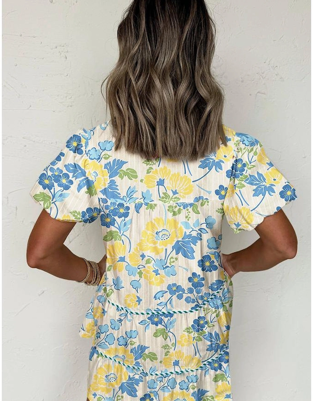 Blue Floral Striped Trim Puff Short Sleeve Dress, 11 of 10