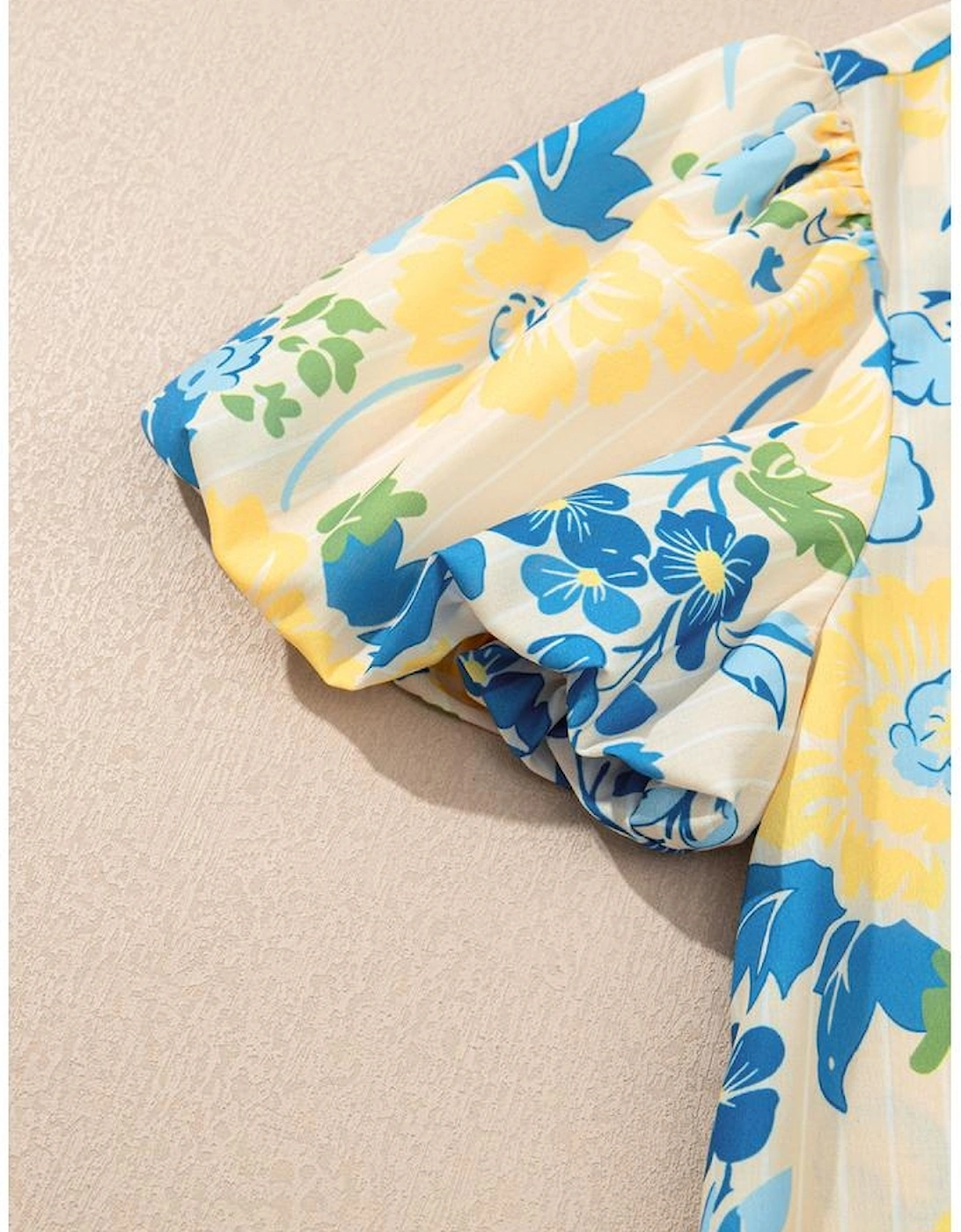 Blue Floral Striped Trim Puff Short Sleeve Dress