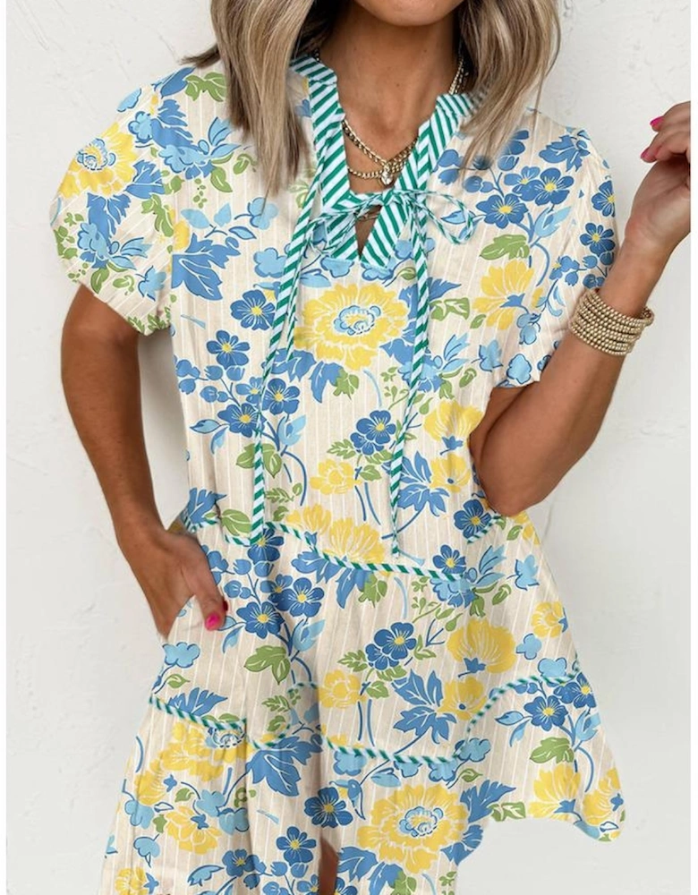 Blue Floral Striped Trim Puff Short Sleeve Dress