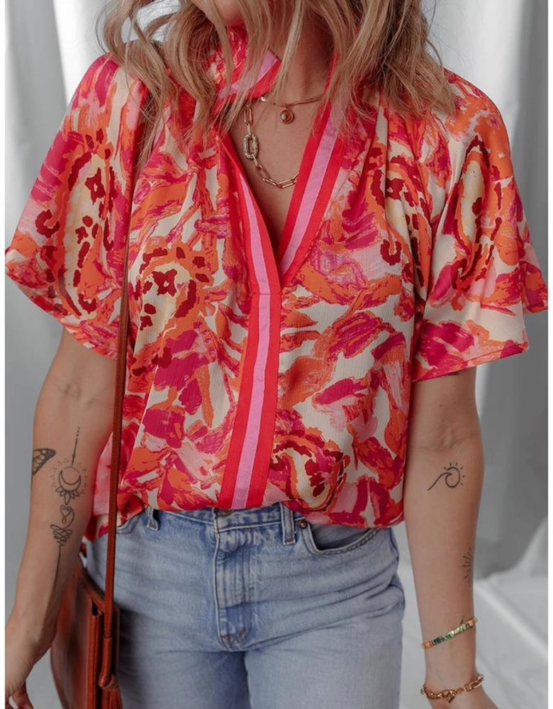 Rose Abstract Print Striped Trim Split Neck Blouse