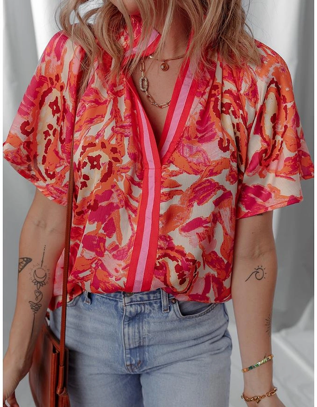 Rose Abstract Print Striped Trim Split Neck Blouse