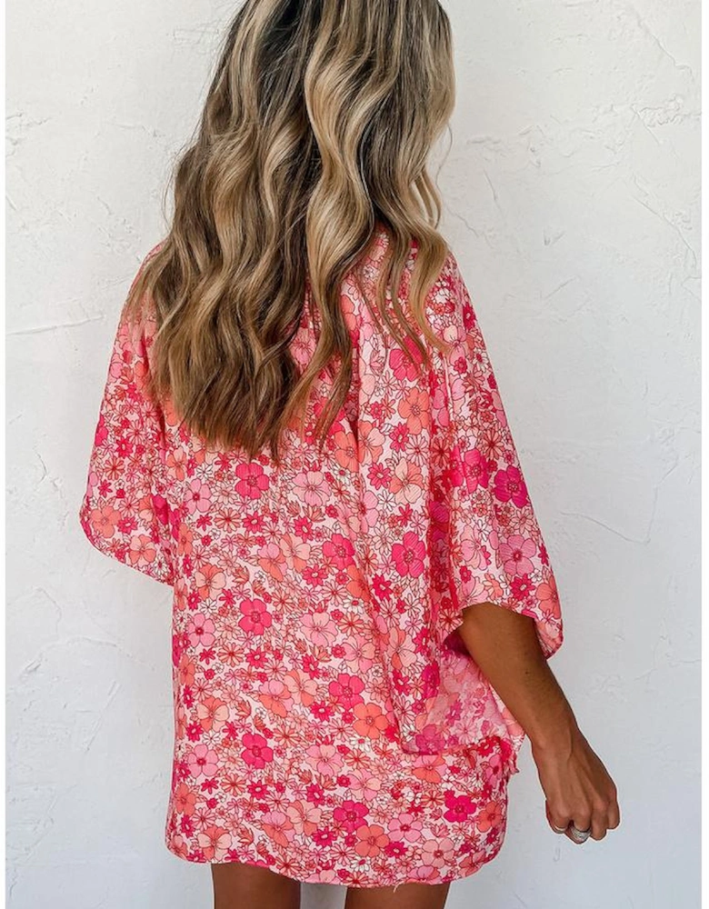 Pink Boho Floral V Neck Kimono Style Blouse