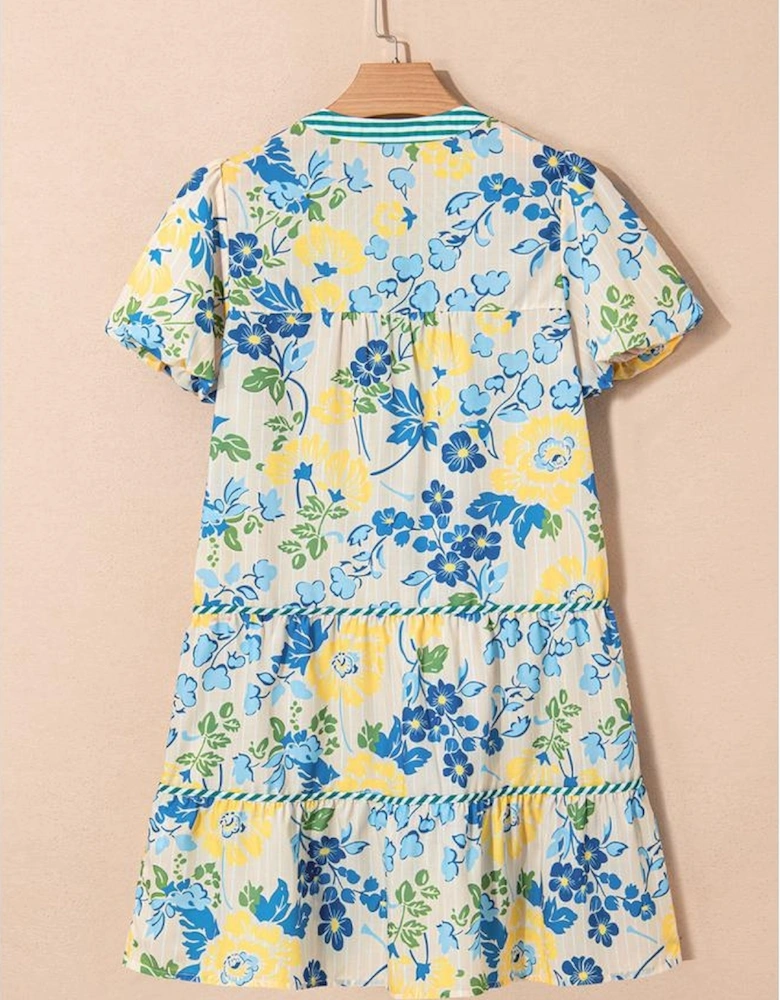 Blue Floral Striped Trim Puff Short Sleeve Dress