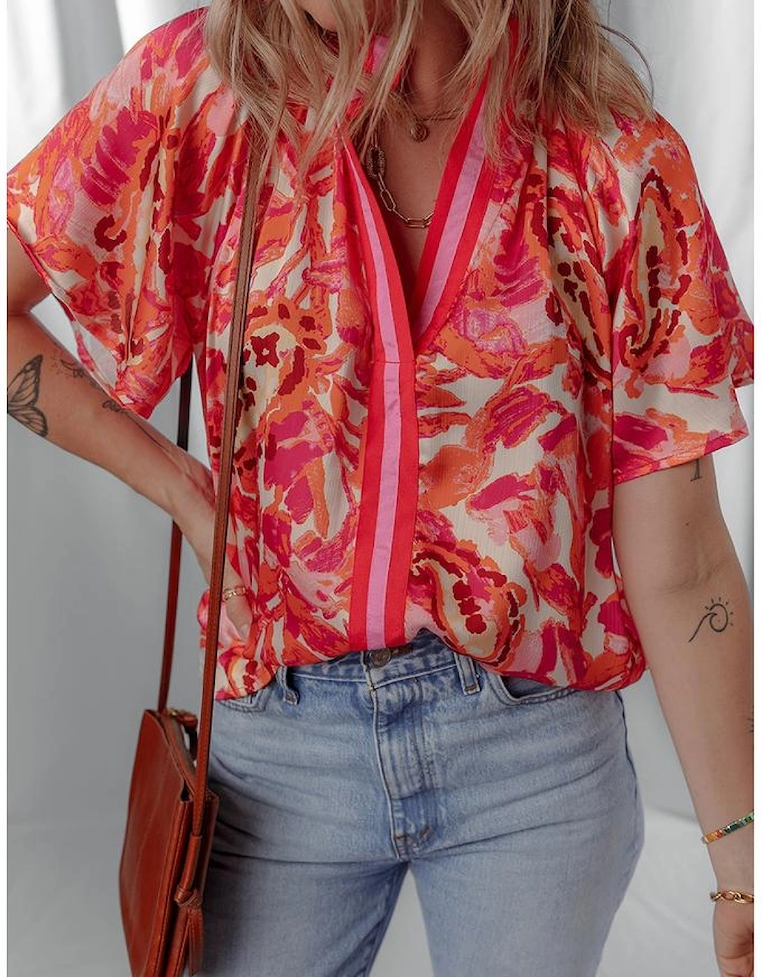 Rose Abstract Print Striped Trim Split Neck Blouse