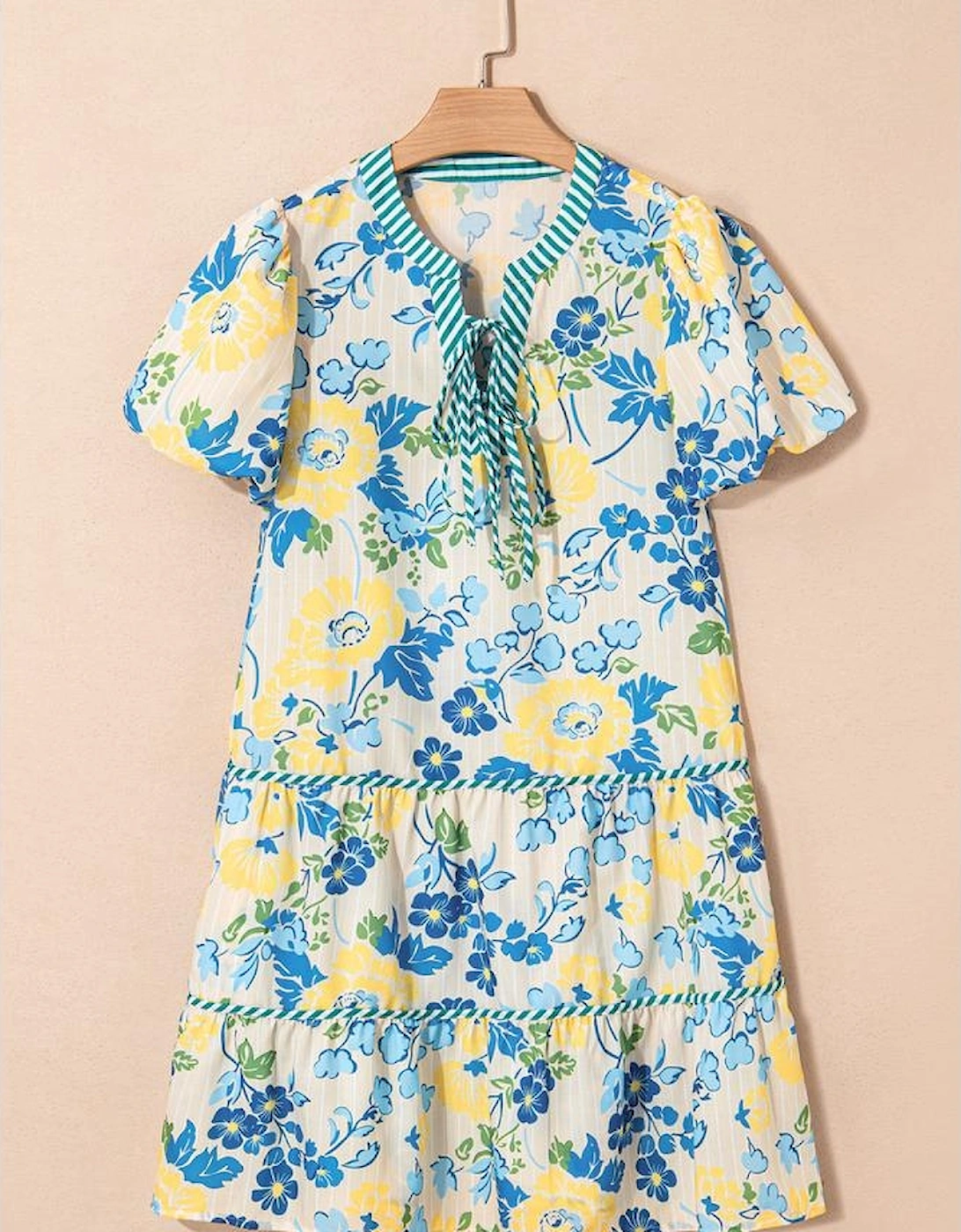 Blue Floral Striped Trim Puff Short Sleeve Dress