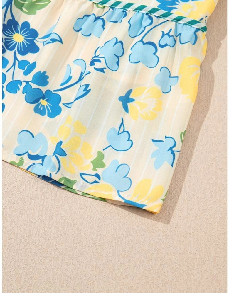 Blue Floral Striped Trim Puff Short Sleeve Dress