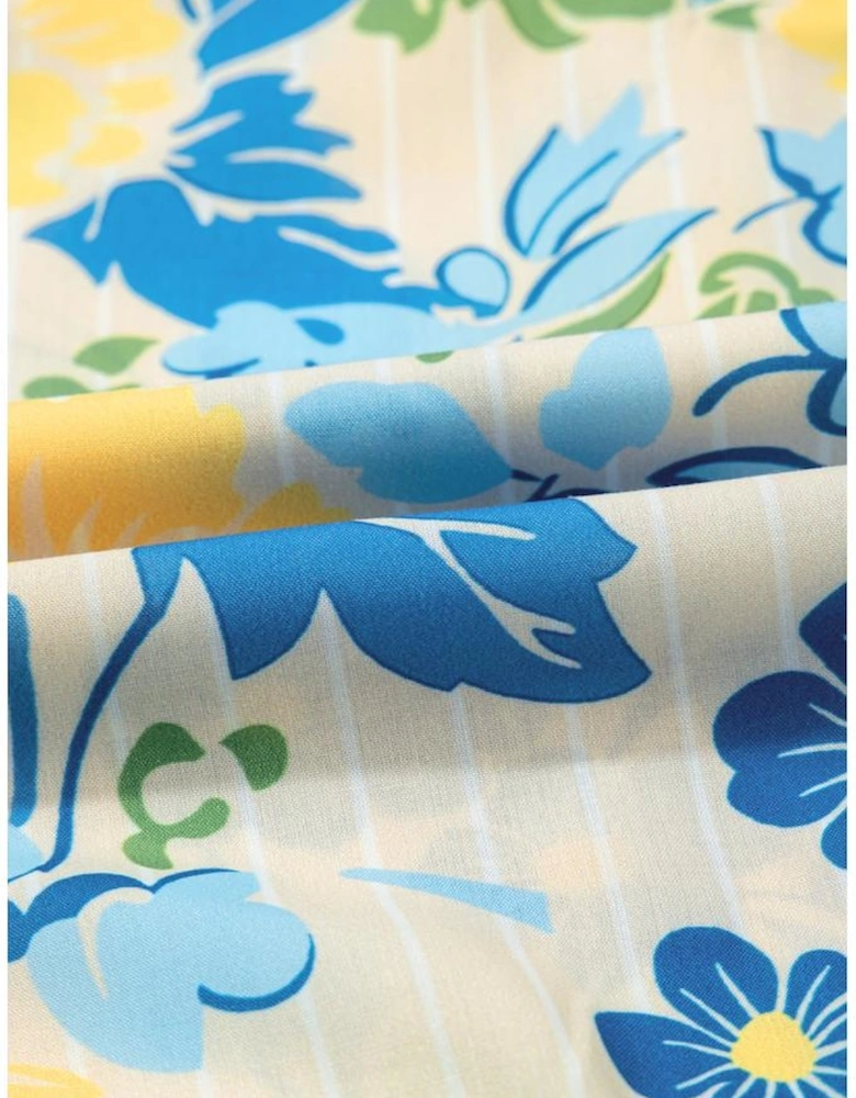 Blue Floral Striped Trim Puff Short Sleeve Dress