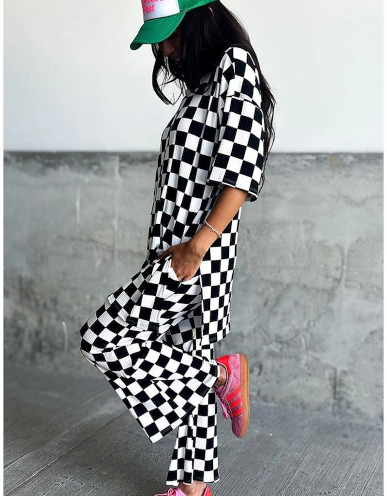 Black Checkered Print Half Sleeve Tunic Top and Flared Pants Set