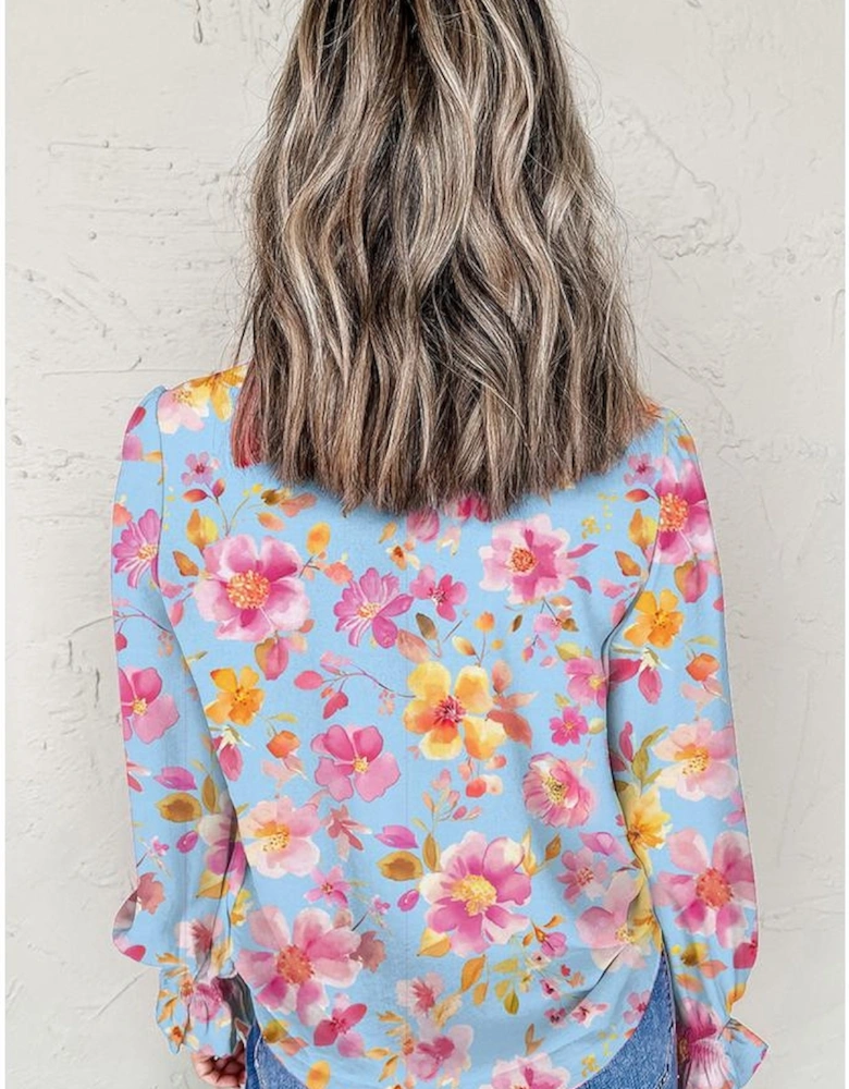 Sky Blue Floral Smocked Cuff Flounce Sleeve V Neck Blouse