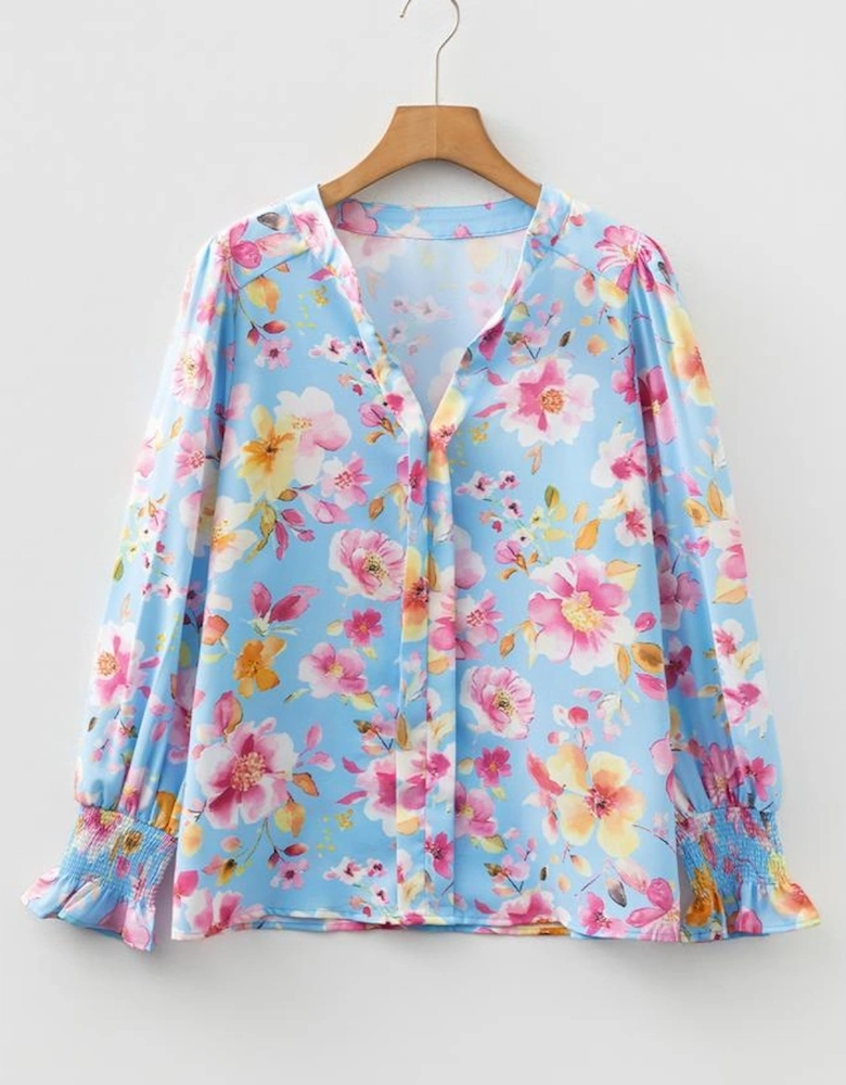 Sky Blue Floral Smocked Cuff Flounce Sleeve V Neck Blouse