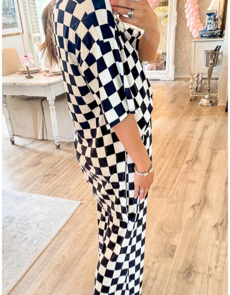 Black Checkered Print Half Sleeve Tunic Top and Flared Pants Set