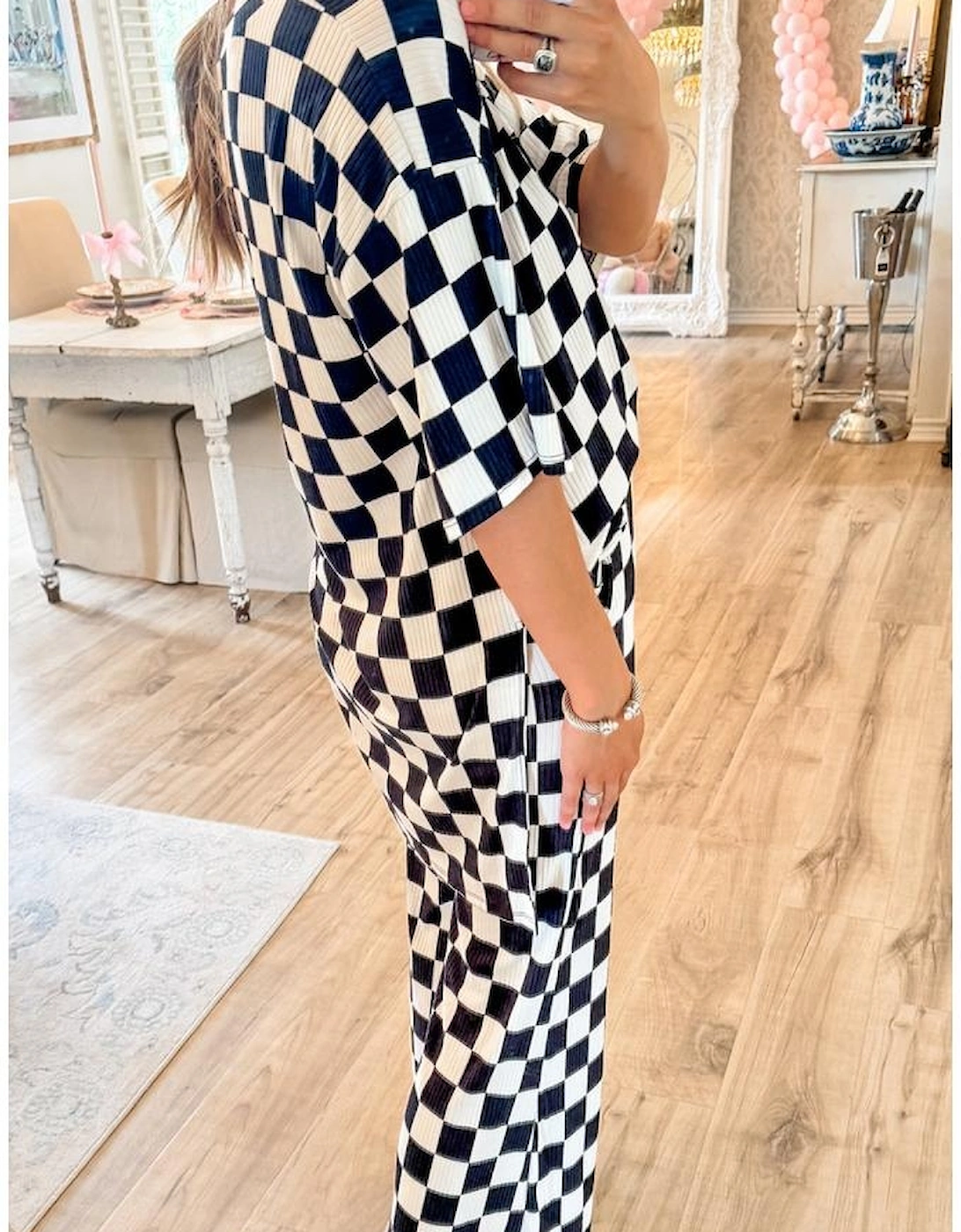 Black Checkered Print Half Sleeve Tunic Top and Flared Pants Set
