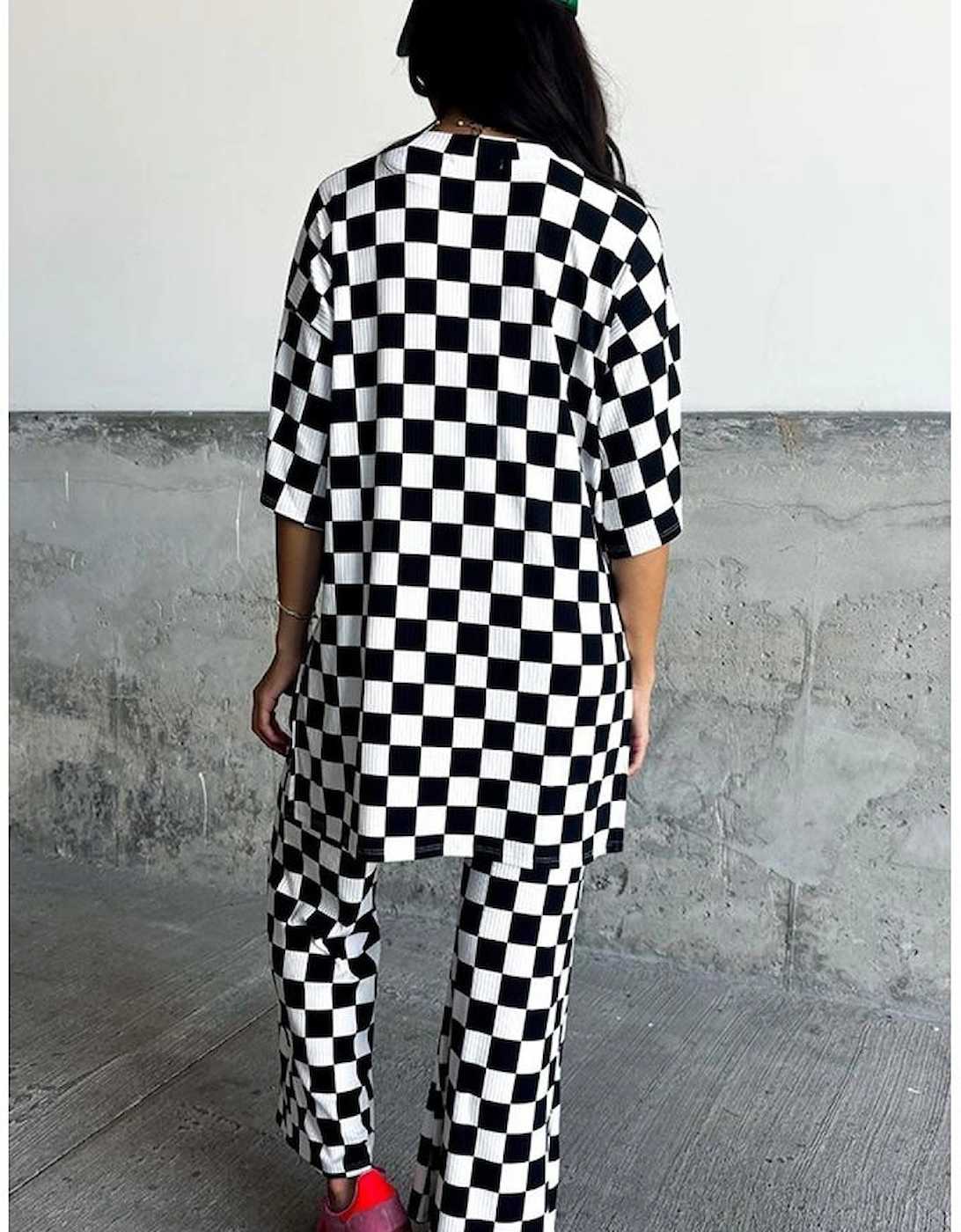 Black Checkered Print Half Sleeve Tunic Top and Flared Pants Set, 12 of 11