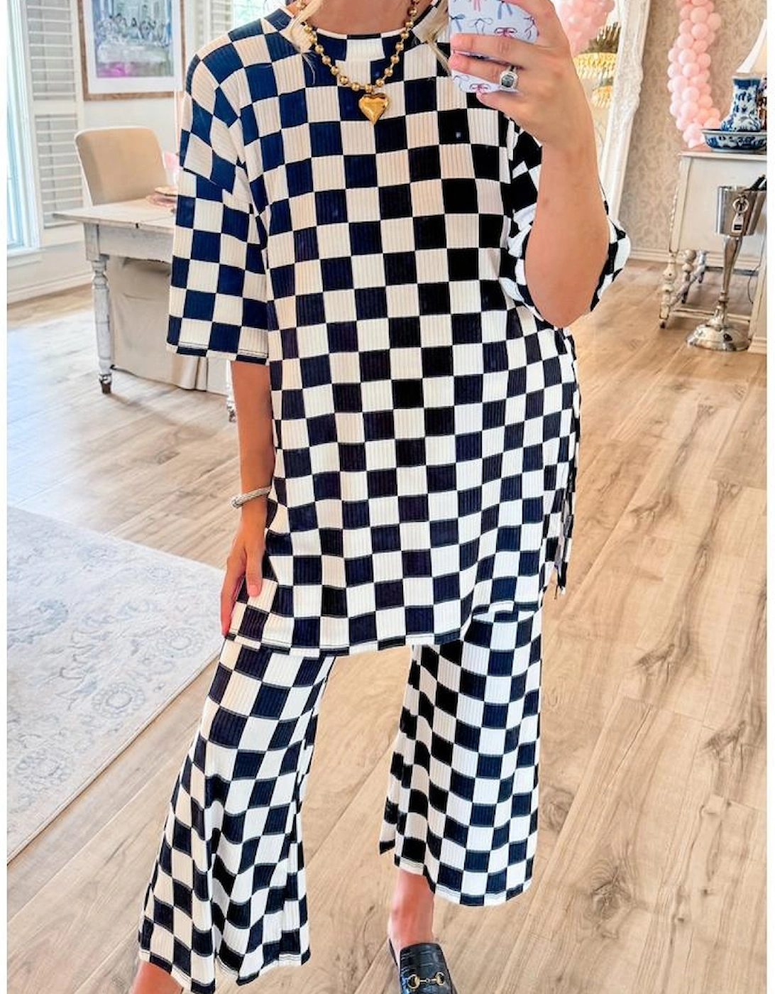 Black Checkered Print Half Sleeve Tunic Top and Flared Pants Set