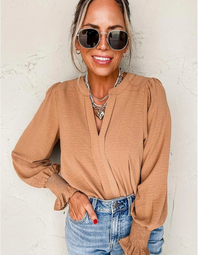 Straw Yellow Solid Color Shirred Cuff Notch V Neck Blouse