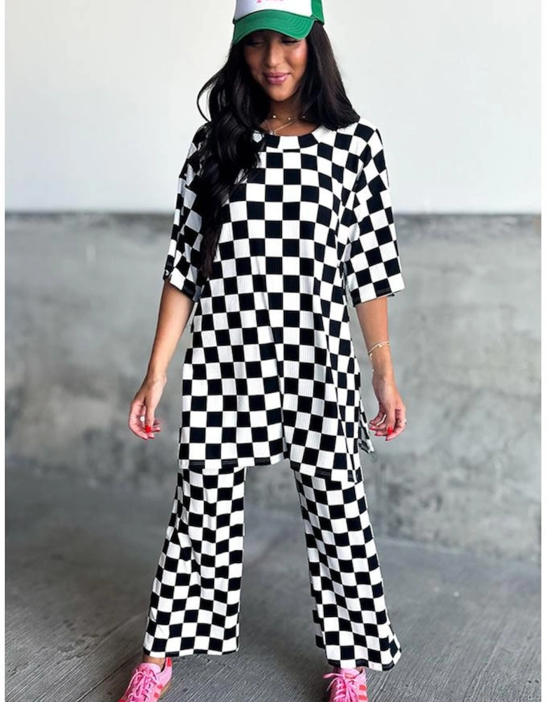 Black Checkered Print Half Sleeve Tunic Top and Flared Pants Set