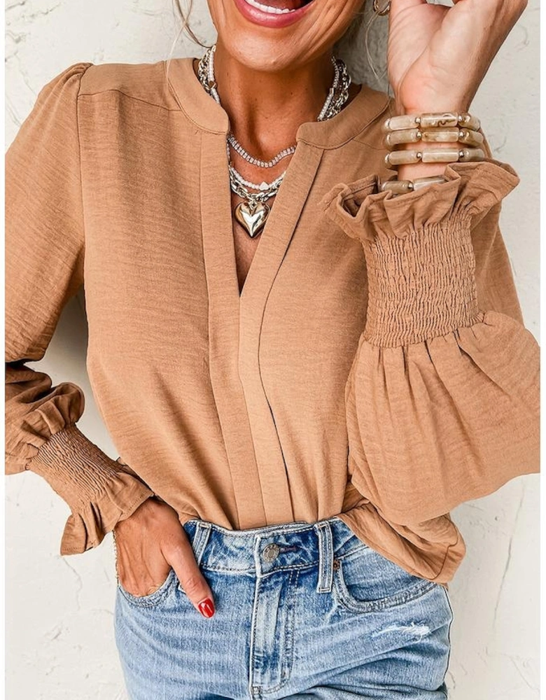 Straw Yellow Solid Color Shirred Cuff Notch V Neck Blouse