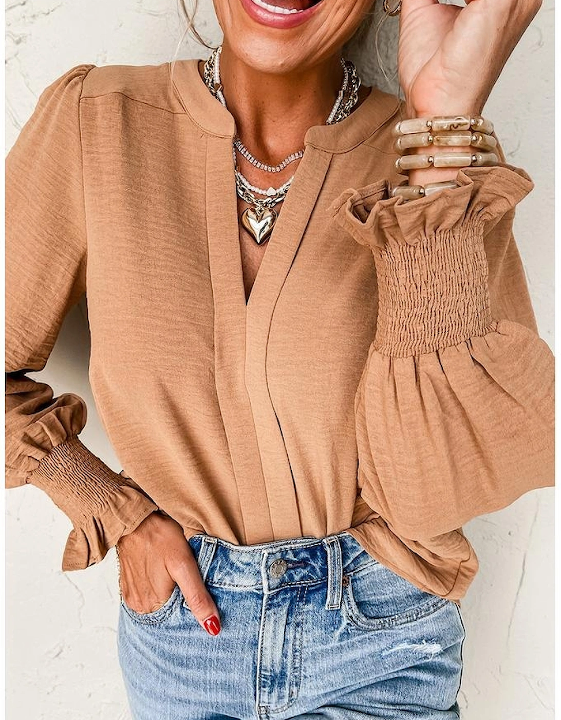 Straw Yellow Solid Color Shirred Cuff Notch V Neck Blouse