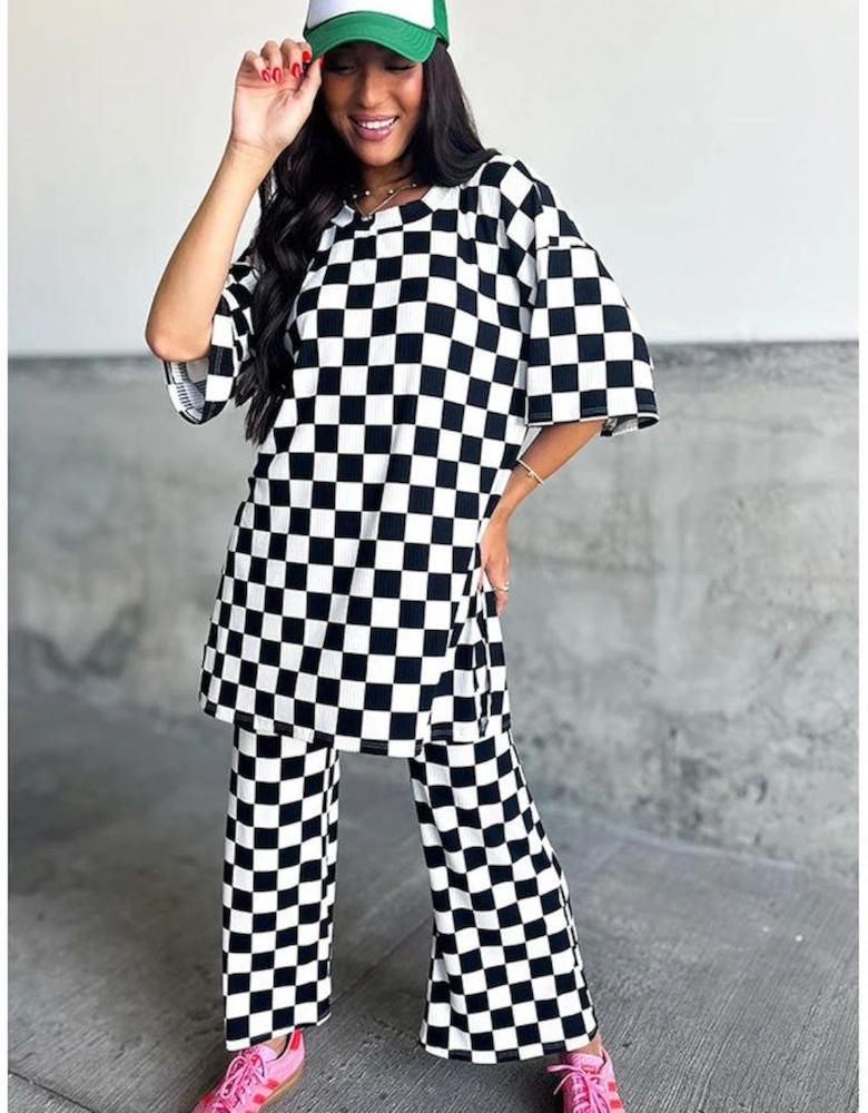 Black Checkered Print Half Sleeve Tunic Top and Flared Pants Set