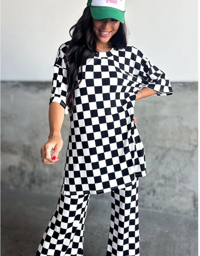 Black Checkered Print Half Sleeve Tunic Top and Flared Pants Set
