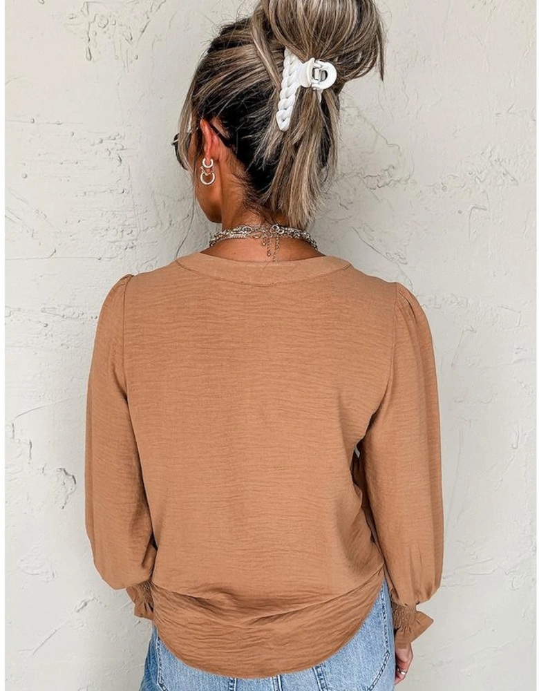 Straw Yellow Solid Color Shirred Cuff Notch V Neck Blouse