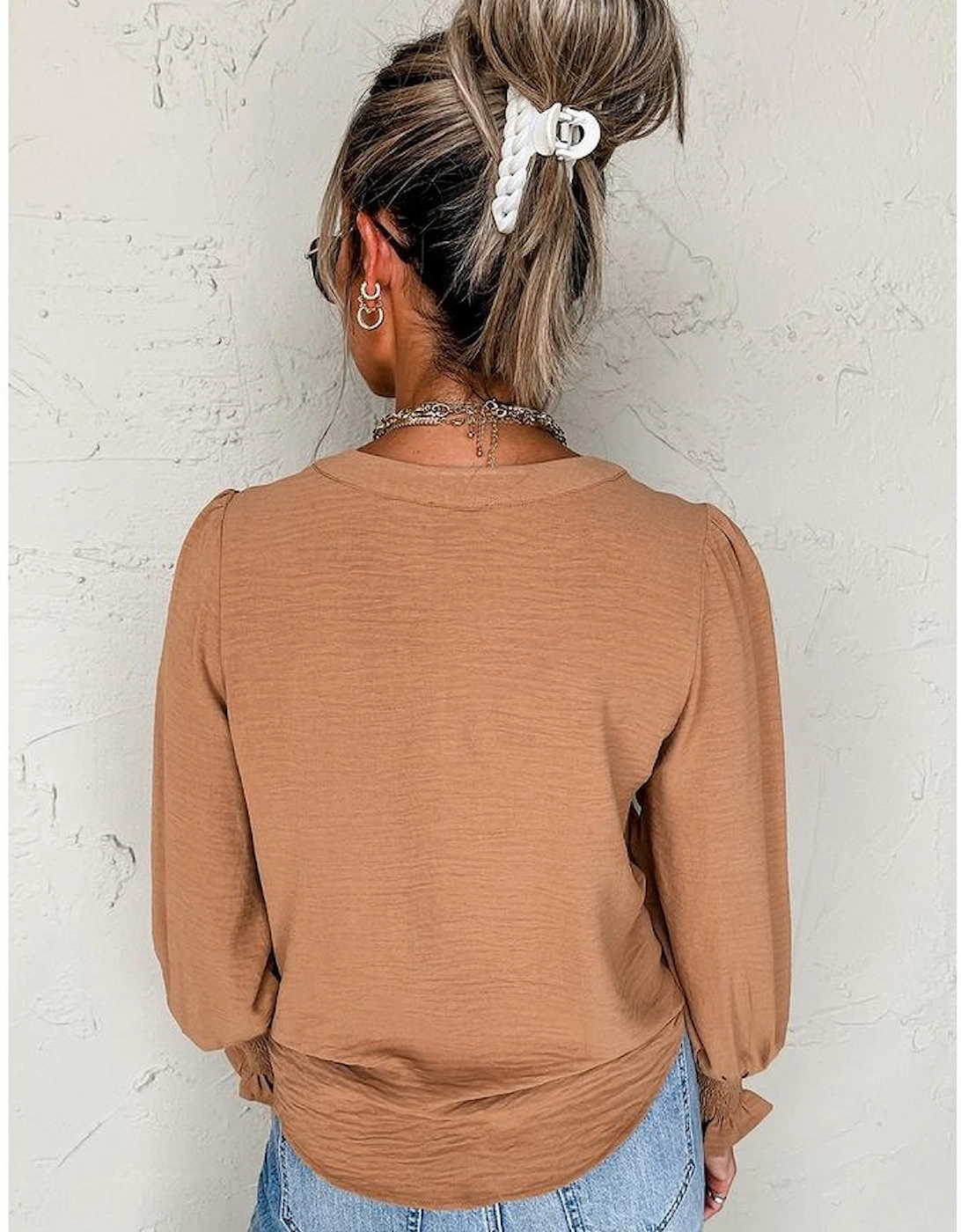 Straw Yellow Solid Color Shirred Cuff Notch V Neck Blouse