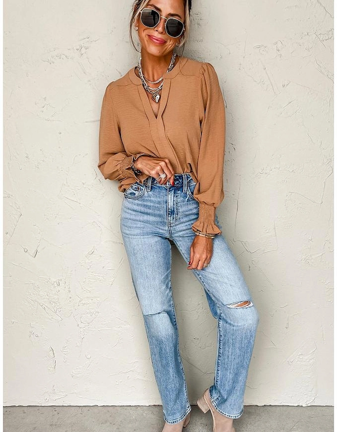 Straw Yellow Solid Color Shirred Cuff Notch V Neck Blouse