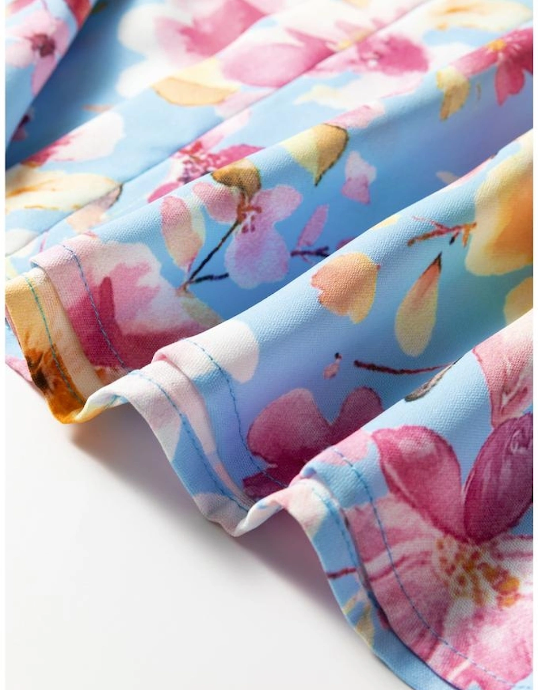 Sky Blue Floral Smocked Cuff Flounce Sleeve V Neck Blouse