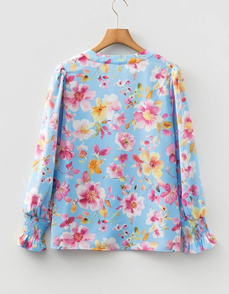 Sky Blue Floral Smocked Cuff Flounce Sleeve V Neck Blouse