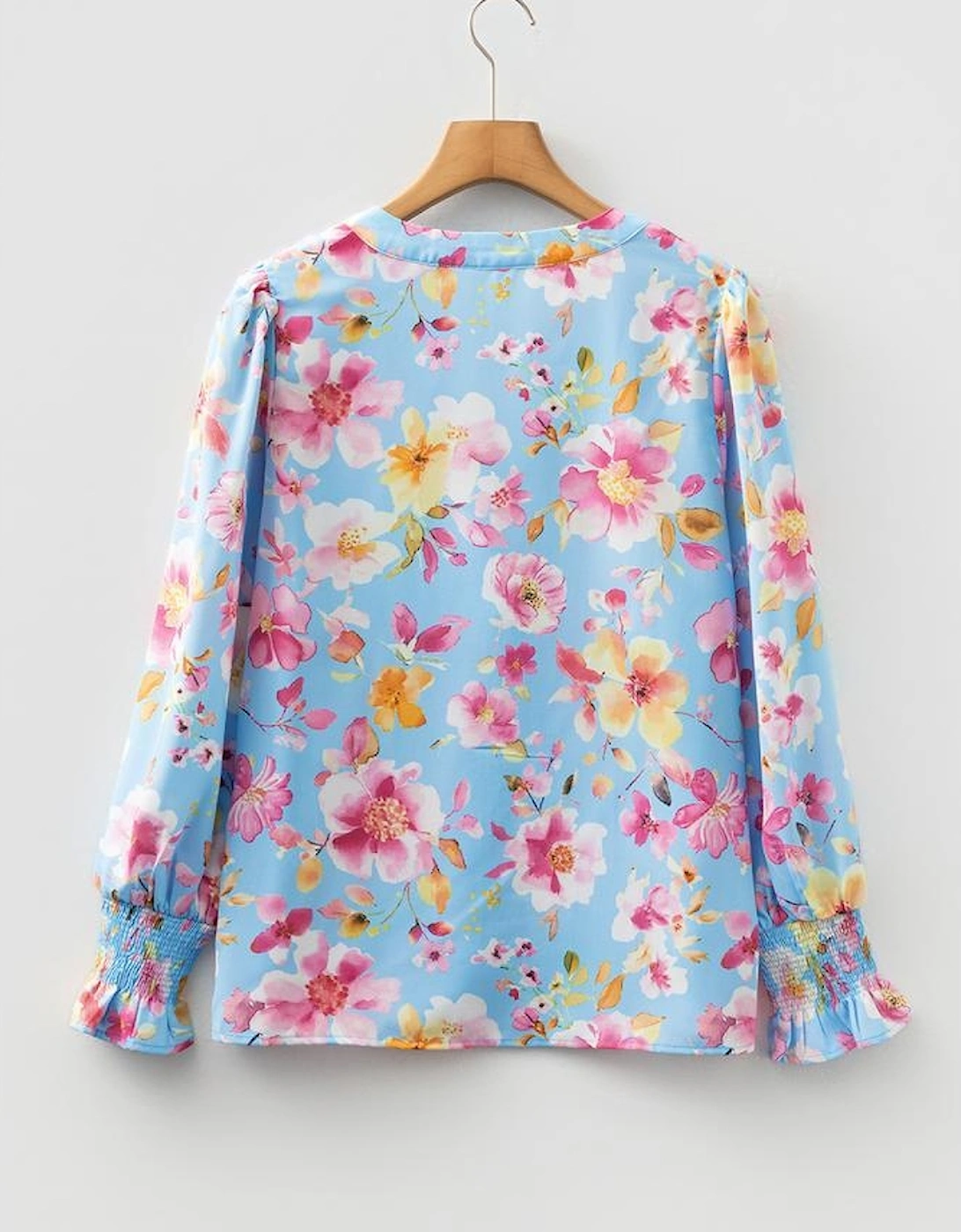 Sky Blue Floral Smocked Cuff Flounce Sleeve V Neck Blouse