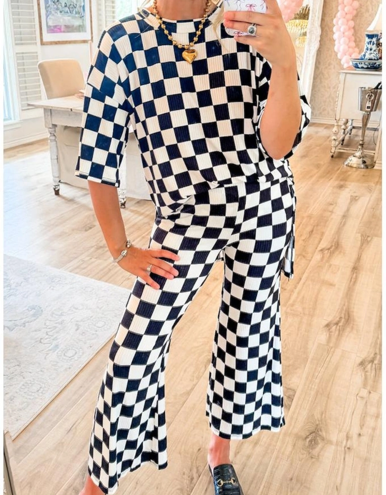 Black Checkered Print Half Sleeve Tunic Top and Flared Pants Set