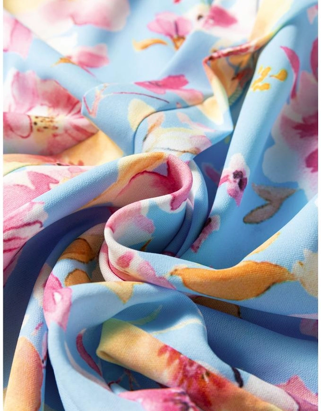 Sky Blue Floral Smocked Cuff Flounce Sleeve V Neck Blouse