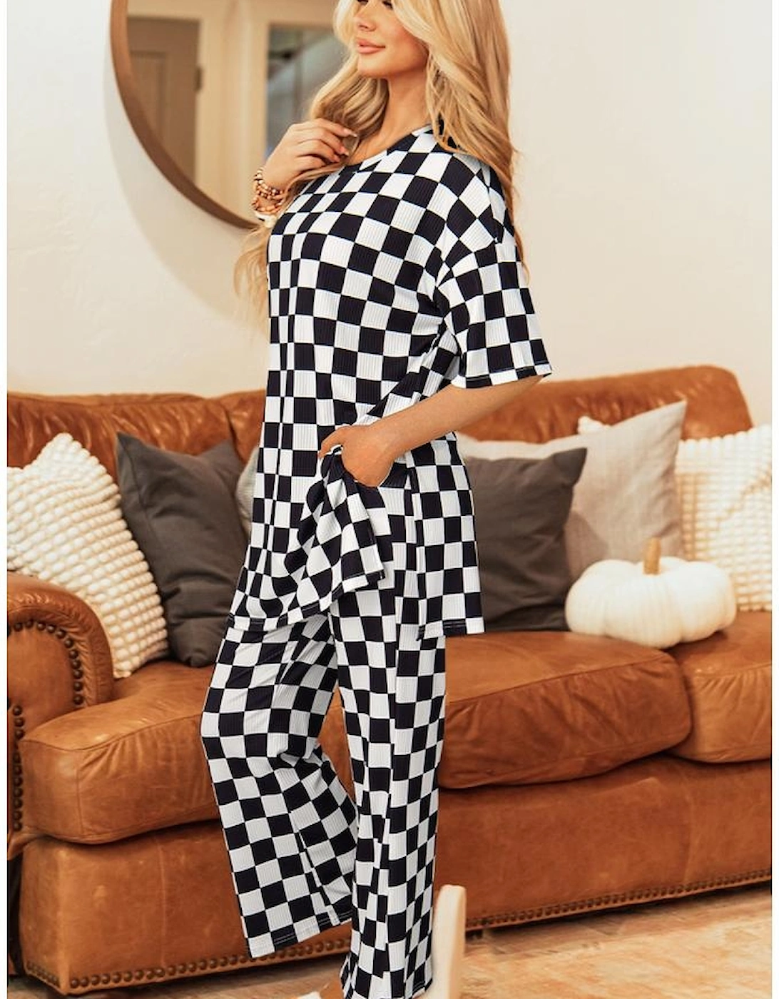 Black Checkered Print Half Sleeve Tunic Top and Flared Pants Set