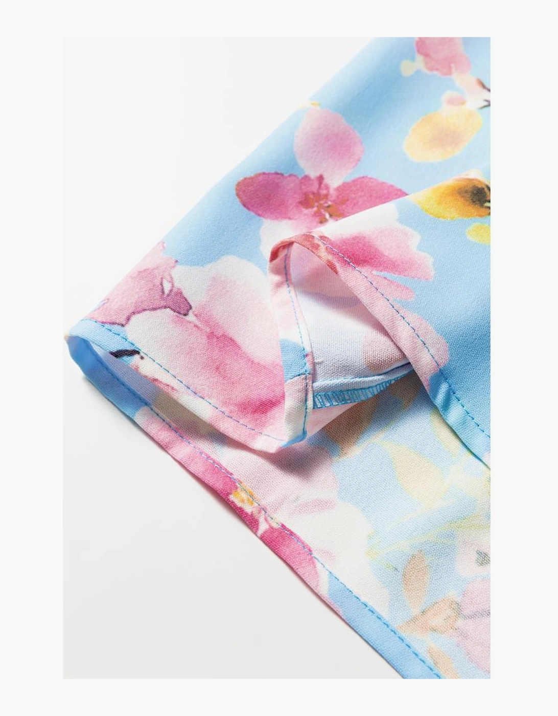 Sky Blue Floral Smocked Cuff Flounce Sleeve V Neck Blouse